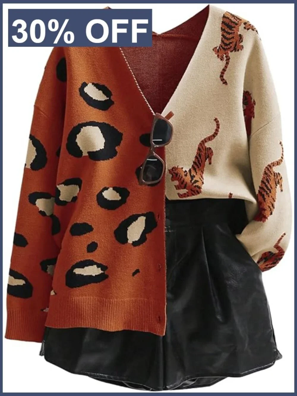 V-Neck Long Sleeve Leopard Print Cardigan Color Block Button Down Loose Fit
